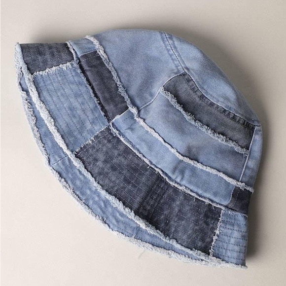 FREE IN BUNDLE NWT Frayed Patchwork Canvas Denim Bucket Hat - Picture 1 of 7